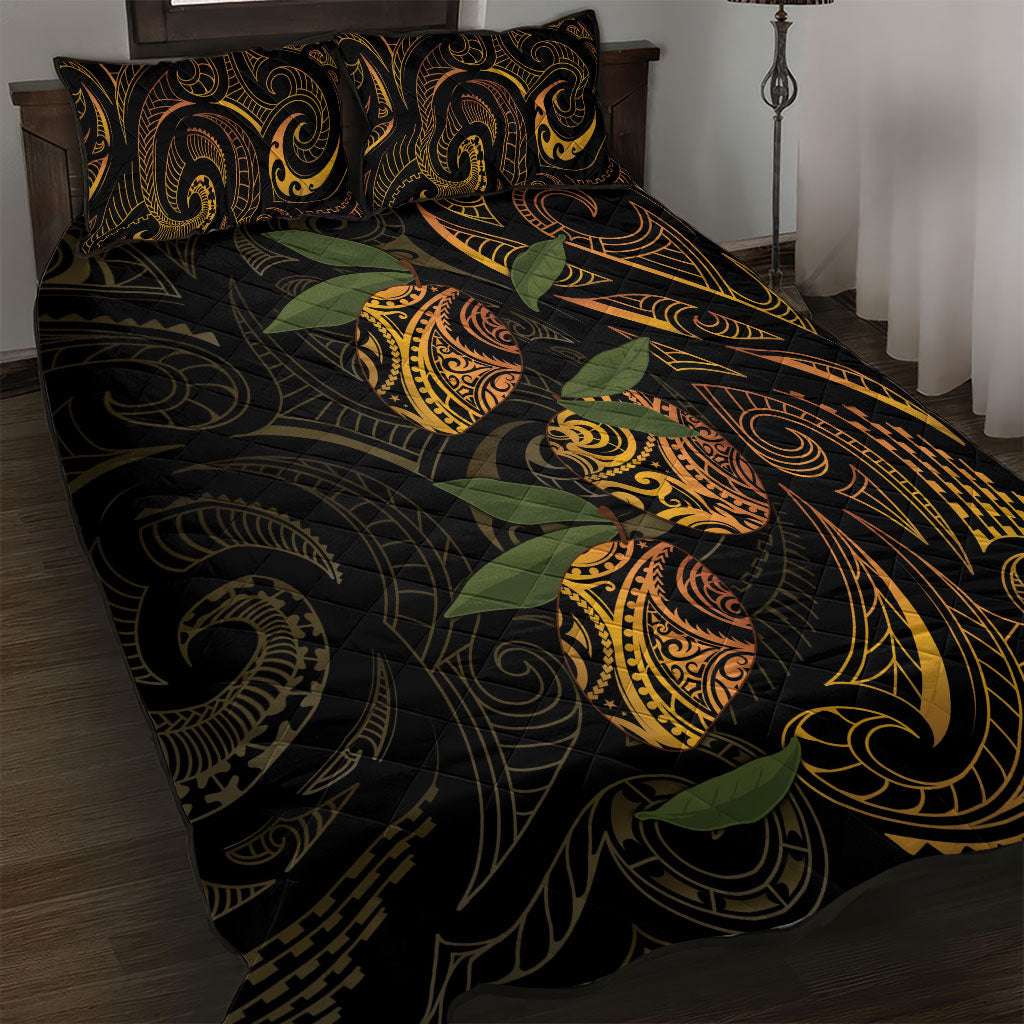 Hawaiian Mango Tribal Tattoo Quilt Bed Set Gold Pacific Traditional Pattern