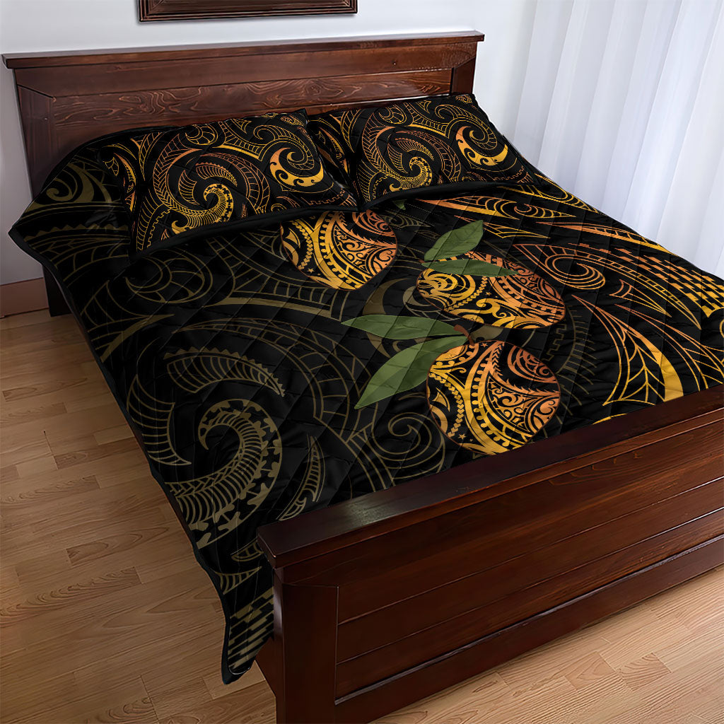 Hawaiian Mango Tribal Tattoo Quilt Bed Set Gold Pacific Traditional Pattern
