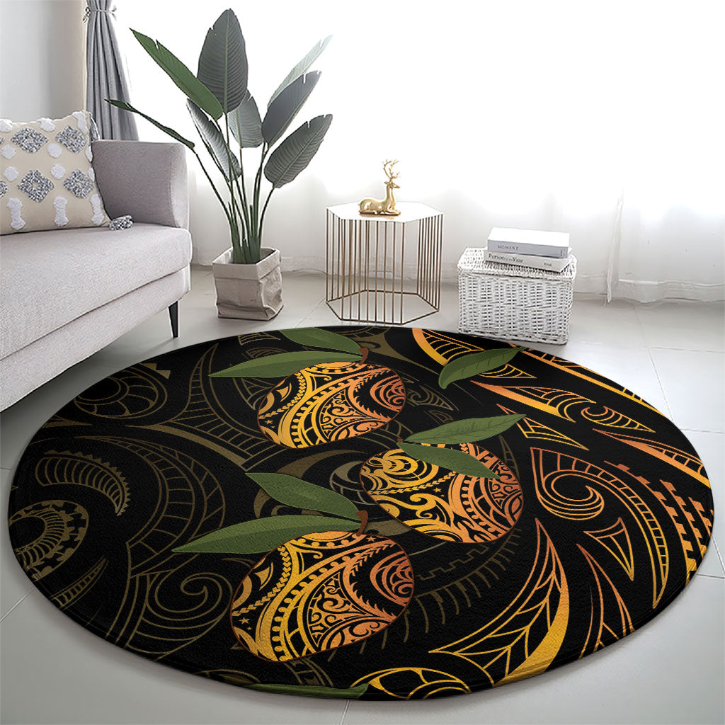 Hawaiian Mango Tribal Tattoo Round Carpet Gold Pacific Traditional Pattern
