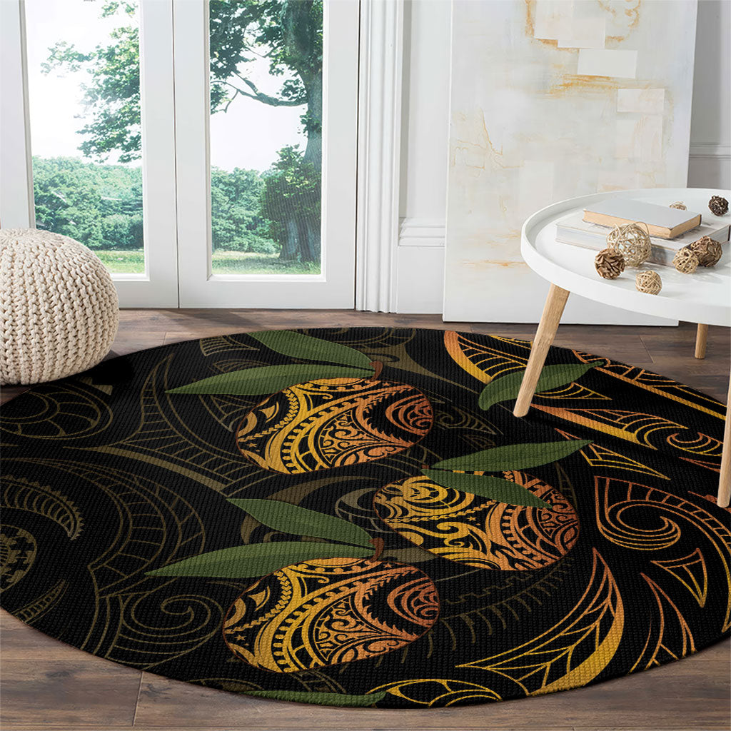 Hawaiian Mango Tribal Tattoo Round Carpet Gold Pacific Traditional Pattern