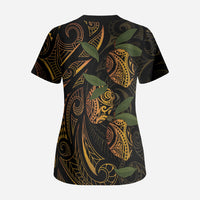 Hawaiian Mango Tribal Tattoo Scrub Top Gold Pacific Traditional Pattern