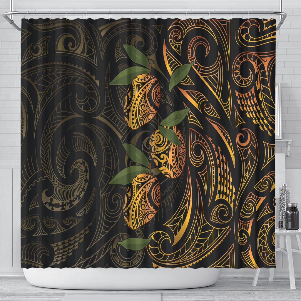 Hawaiian Mango Tribal Tattoo Shower Curtain Gold Pacific Traditional Pattern