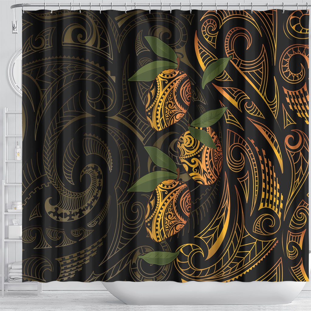 Hawaiian Mango Tribal Tattoo Shower Curtain Gold Pacific Traditional Pattern