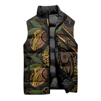 Hawaiian Mango Tribal Tattoo Sleeveless Puffer Jacket Gold Pacific Traditional Pattern