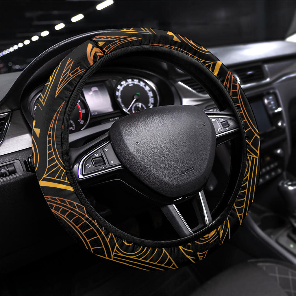 Hawaiian Mango Tribal Tattoo Steering Wheel Cover Gold Pacific Traditional Pattern