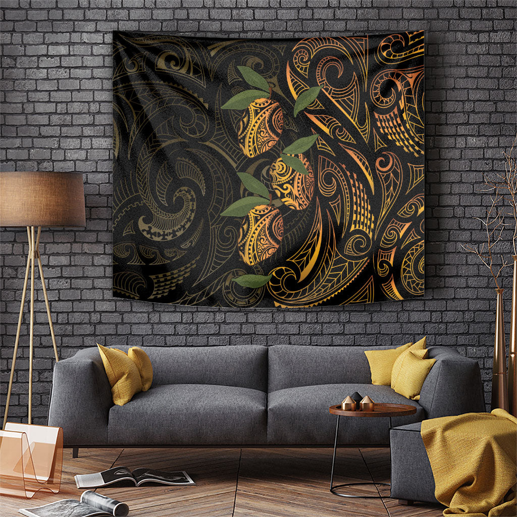 Hawaiian Mango Tribal Tattoo Tapestry Gold Pacific Traditional Pattern