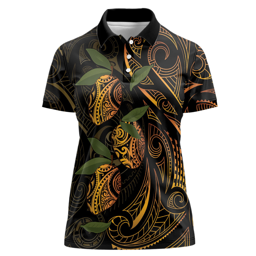 Hawaiian Mango Tribal Tattoo Women Polo Shirt Gold Pacific Traditional Pattern