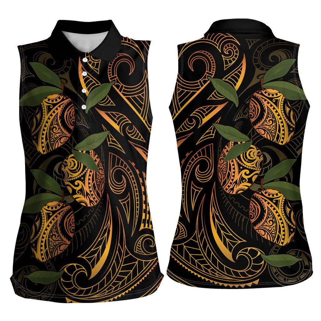 Hawaiian Mango Tribal Tattoo Women Sleeveless Polo Shirt Gold Pacific Traditional Pattern