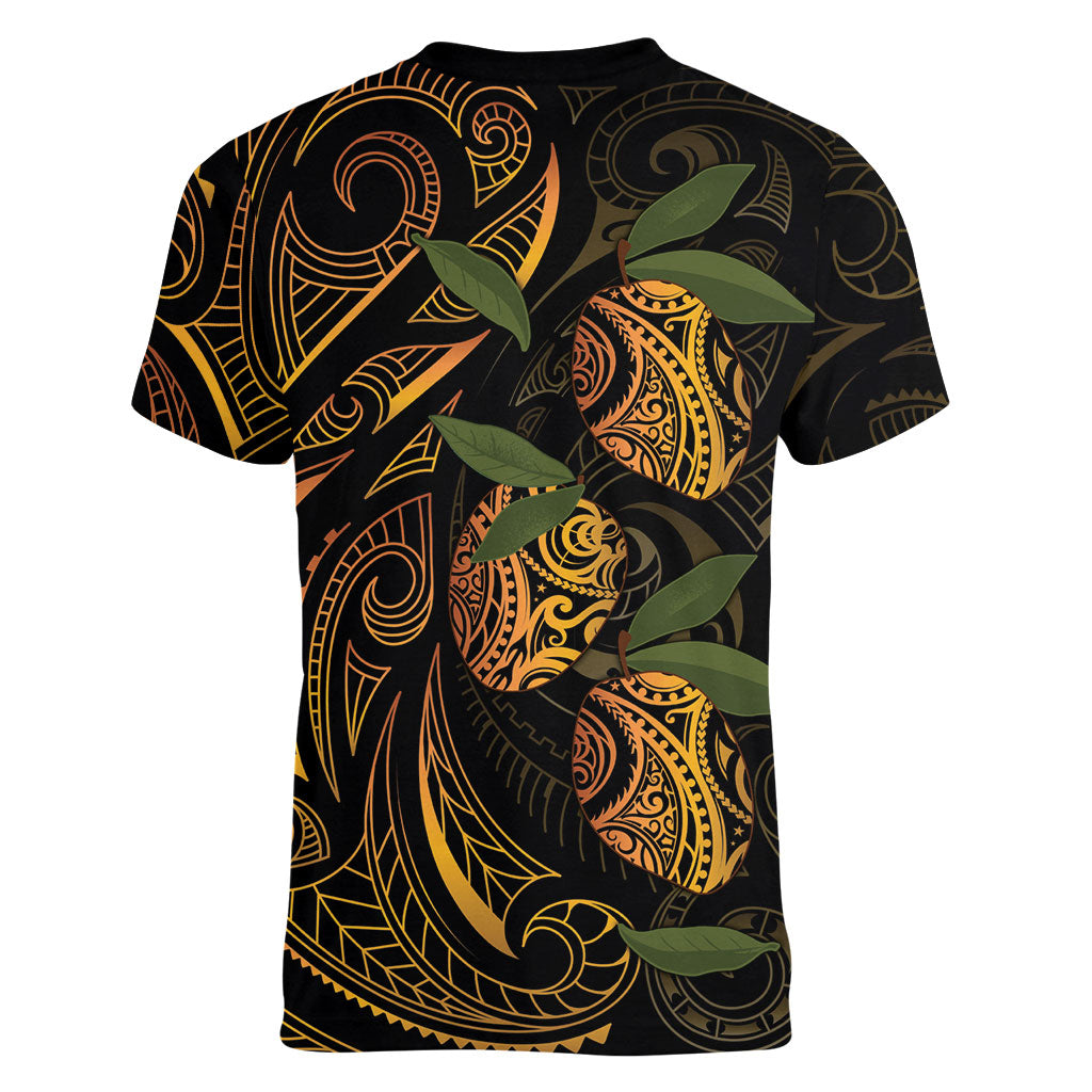 Hawaiian Mango Tribal Tattoo Women V-Neck T-Shirt Gold Pacific Traditional Pattern