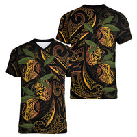 Hawaiian Mango Tribal Tattoo Women V-Neck T-Shirt Gold Pacific Traditional Pattern