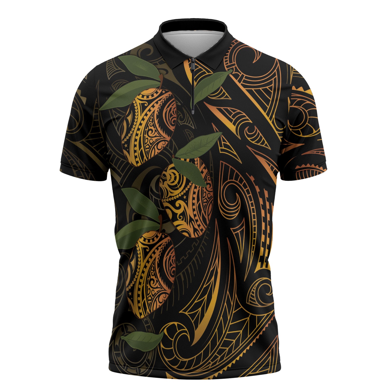 Hawaiian Mango Tribal Tattoo Zipper Polo Shirt Gold Pacific Traditional Pattern