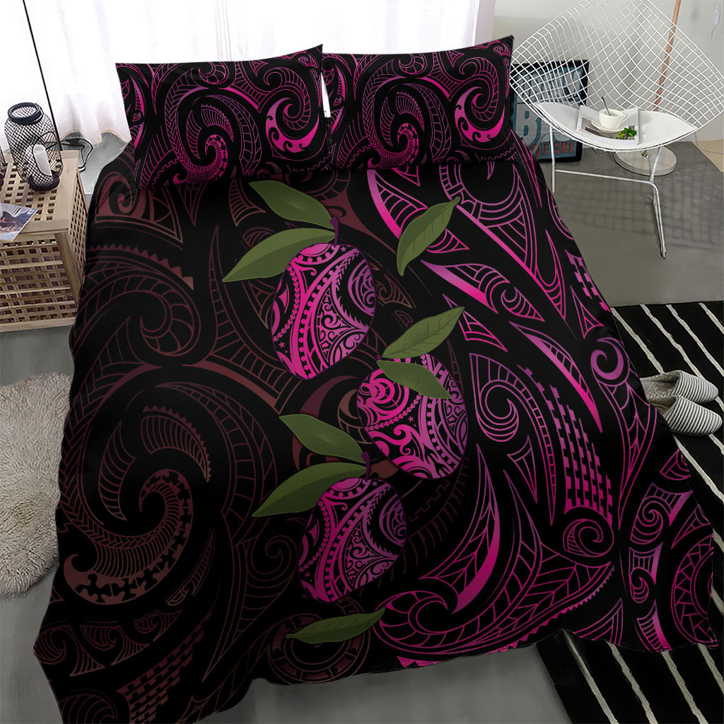 Hawaiian Mango Tribal Tattoo Bedding Set Pink Pacific Traditional Pattern