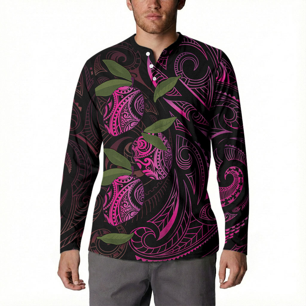 Hawaiian Mango Tribal Tattoo Button Sweatshirt Pink Pacific Traditional Pattern