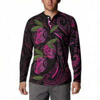 Hawaiian Mango Tribal Tattoo Button Sweatshirt Pink Pacific Traditional Pattern
