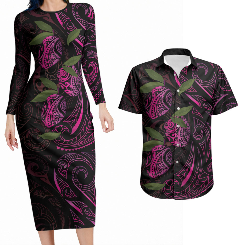 Hawaiian Mango Tribal Tattoo Couples Matching Long Sleeve Bodycon Dress and Hawaiian Shirt Pink Pacific Traditional Pattern