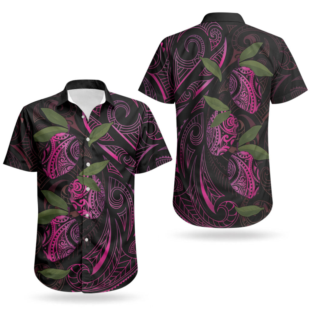 Hawaiian Mango Tribal Tattoo Couples Matching Long Sleeve Bodycon Dress and Hawaiian Shirt Pink Pacific Traditional Pattern
