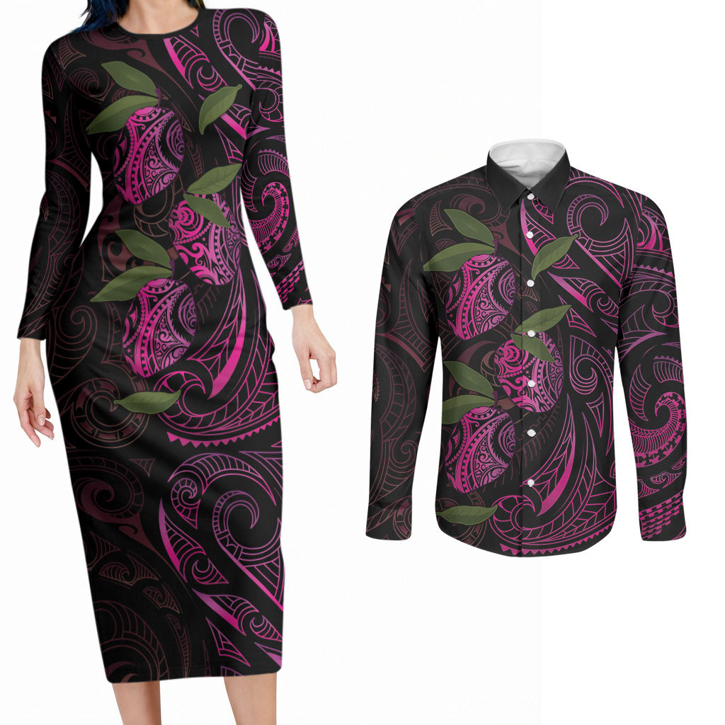 Hawaiian Mango Tribal Tattoo Couples Matching Long Sleeve Bodycon Dress and Long Sleeve Button Shirt Pink Pacific Traditional Pattern