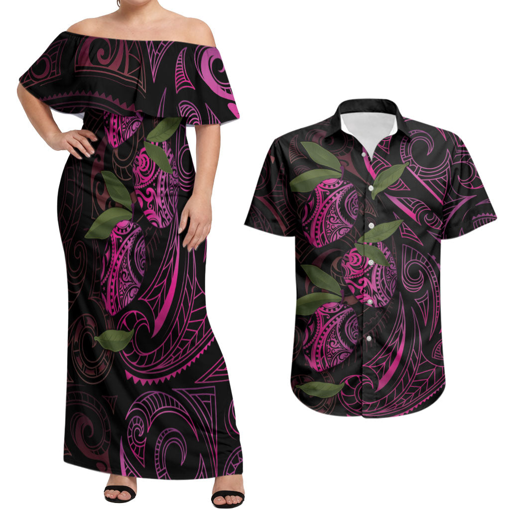 Hawaiian Mango Tribal Tattoo Couples Matching Off Shoulder Maxi Dress and Hawaiian Shirt Pink Pacific Traditional Pattern
