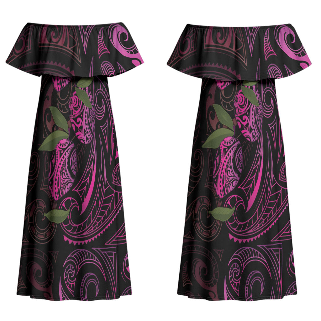 Hawaiian Mango Tribal Tattoo Couples Matching Off Shoulder Maxi Dress and Long Sleeve Button Shirt Pink Pacific Traditional Pattern