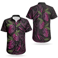 Hawaiian Mango Tribal Tattoo Couples Matching Off The Shoulder Long Sleeve Dress and Hawaiian Shirt Pink Pacific Traditional Pattern