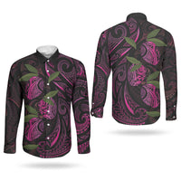 Hawaiian Mango Tribal Tattoo Couples Matching Off The Shoulder Long Sleeve Dress and Long Sleeve Button Shirt Pink Pacific Traditional Pattern