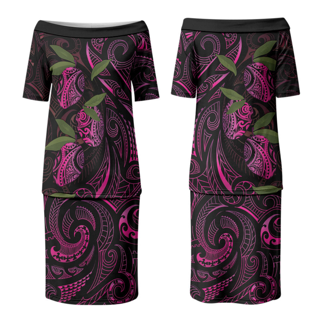 Hawaiian Mango Tribal Tattoo Couples Matching Puletasi and Hawaiian Shirt Pink Pacific Traditional Pattern