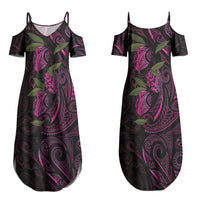 Hawaiian Mango Tribal Tattoo Couples Matching Summer Maxi Dress and Long Sleeve Button Shirt Pink Pacific Traditional Pattern