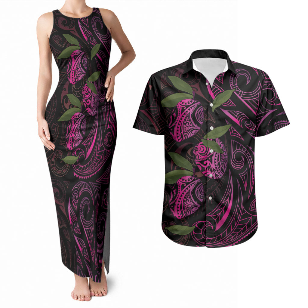 Hawaiian Mango Tribal Tattoo Couples Matching Tank Maxi Dress and Hawaiian Shirt Pink Pacific Traditional Pattern