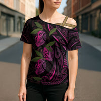 Hawaiian Mango Tribal Tattoo Cross Shoulder Shirt Pink Pacific Traditional Pattern