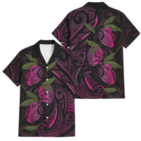 Hawaiian Mango Tribal Tattoo Family Matching Off Shoulder Short Dress and Hawaiian Shirt Pink Pacific Traditional Pattern