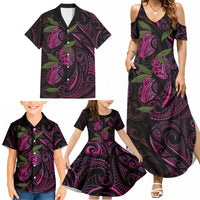 Hawaiian Mango Tribal Tattoo Family Matching Summer Maxi Dress and Hawaiian Shirt Pink Pacific Traditional Pattern