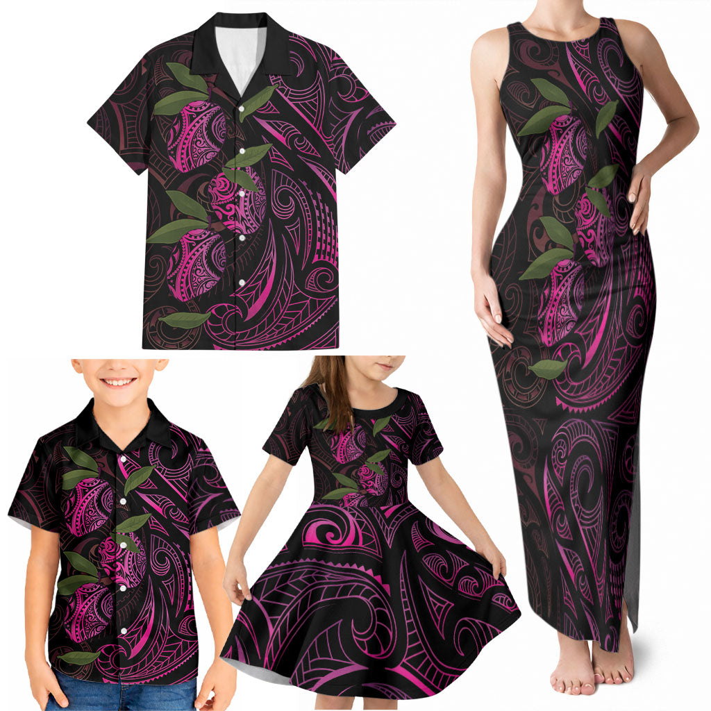 Hawaiian Mango Tribal Tattoo Family Matching Tank Maxi Dress and Hawaiian Shirt Pink Pacific Traditional Pattern