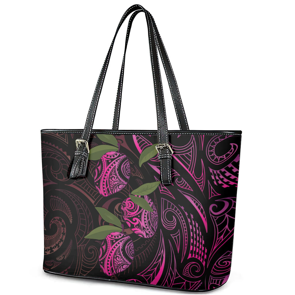 Hawaiian Mango Tribal Tattoo Leather Tote Bag Pink Pacific Traditional Pattern