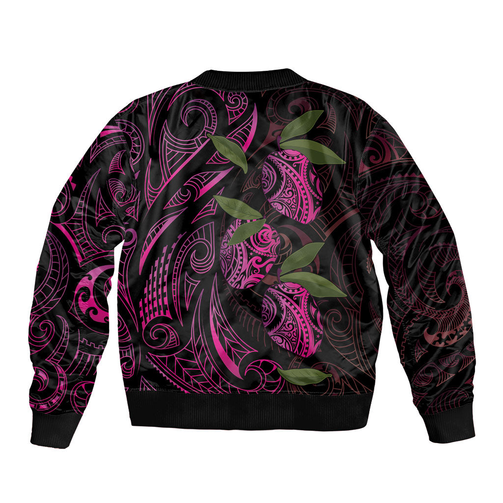 Hawaiian Mango Tribal Tattoo Sleeve Zip Bomber Jacket Pink Pacific Traditional Pattern
