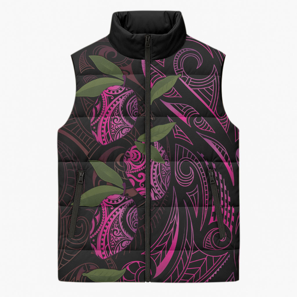 Hawaiian Mango Tribal Tattoo Sleeveless Puffer Jacket Pink Pacific Traditional Pattern