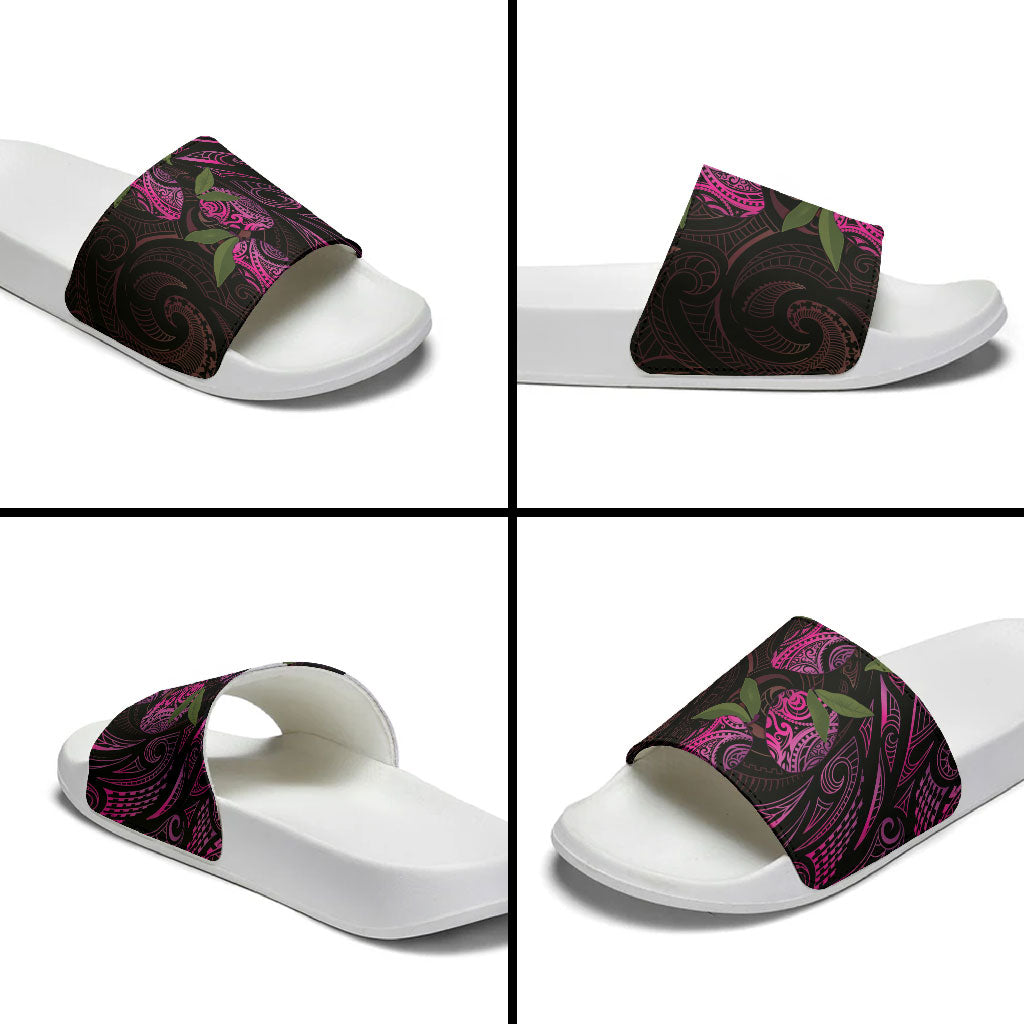Hawaiian Mango Tribal Tattoo Slide Sandals Pink Pacific Traditional Pattern