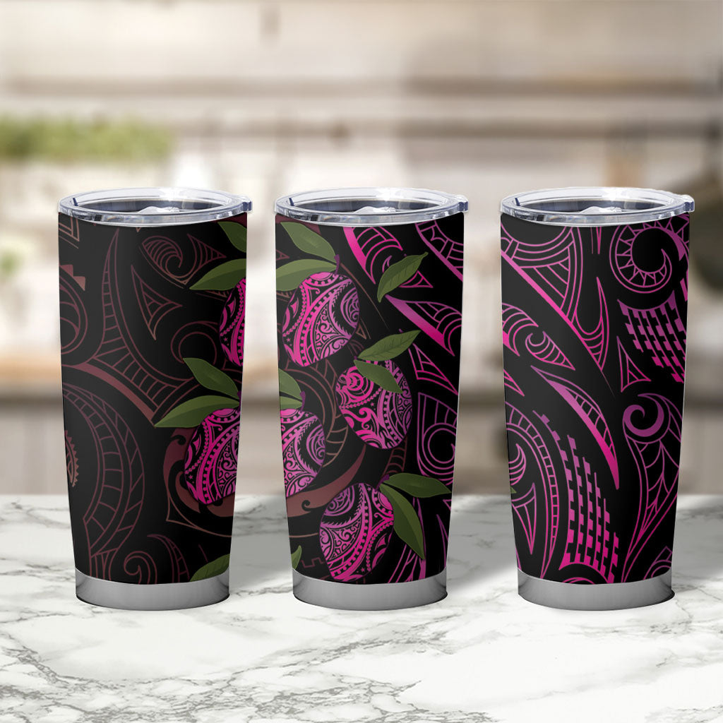 Hawaiian Mango Tribal Tattoo Tumbler Cup Pink Pacific Traditional Pattern