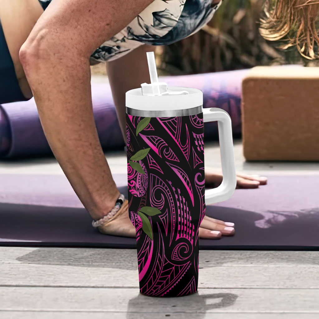 Hawaiian Mango Tribal Tattoo Tumbler With Handle Pink Pacific Traditional Pattern
