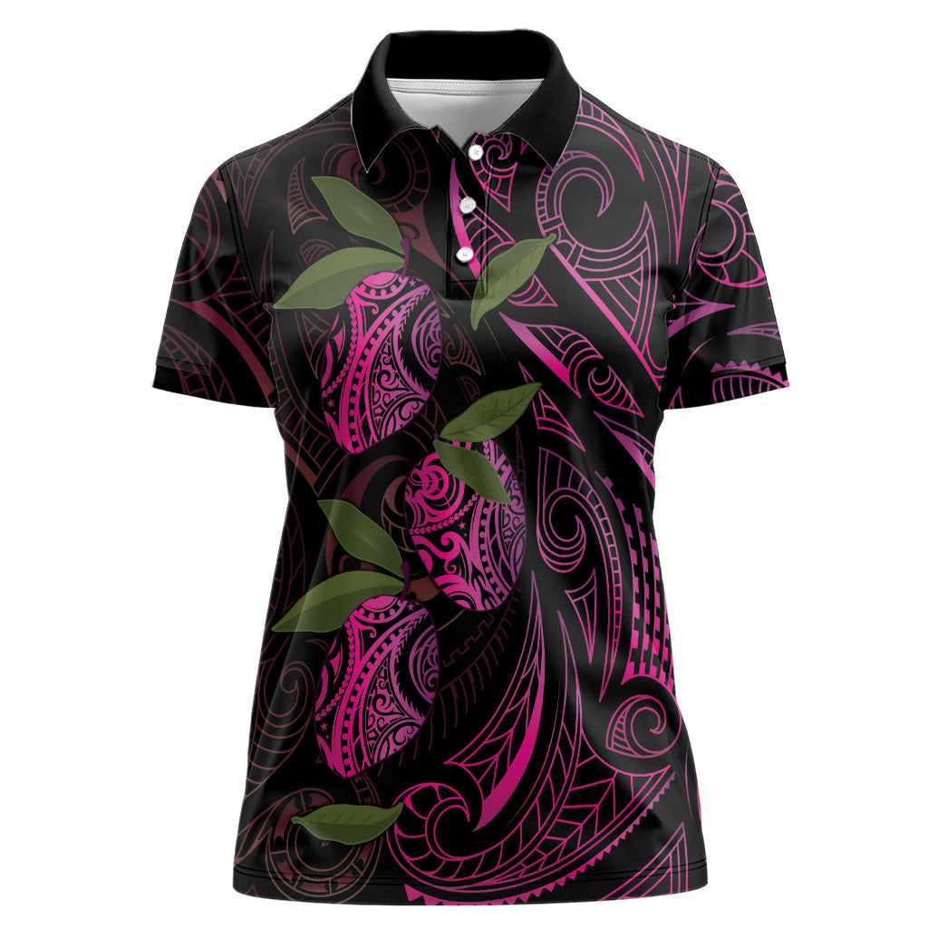 Hawaiian Mango Tribal Tattoo Women Polo Shirt Pink Pacific Traditional Pattern