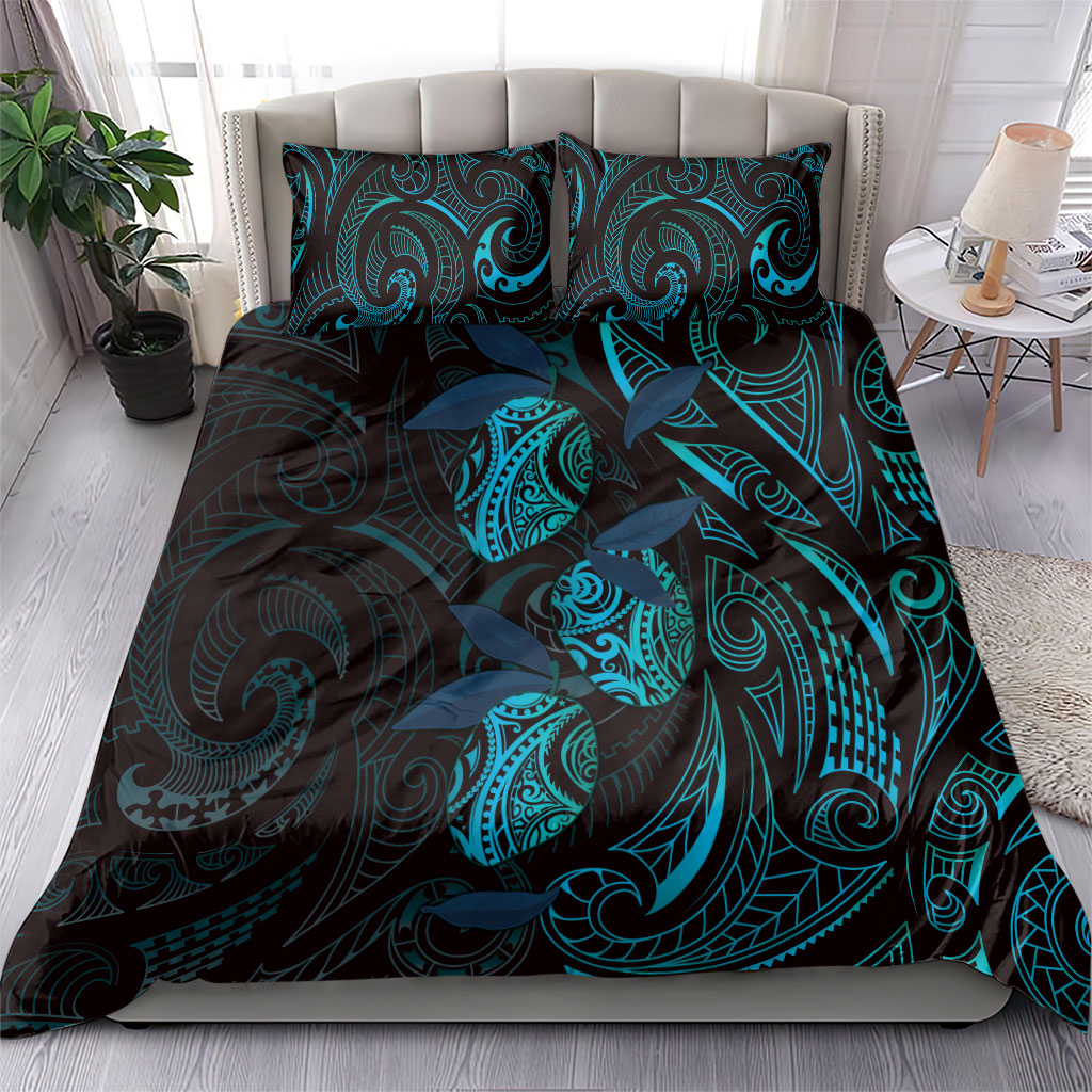Hawaiian Mango Tribal Tattoo Bedding Set Teal Pacific Traditional Pattern