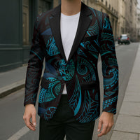 Hawaiian Mango Tribal Tattoo Blazer Teal Pacific Traditional Pattern