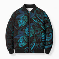 Hawaiian Mango Tribal Tattoo Bomber Puffer Jacket Teal Pacific Traditional Pattern
