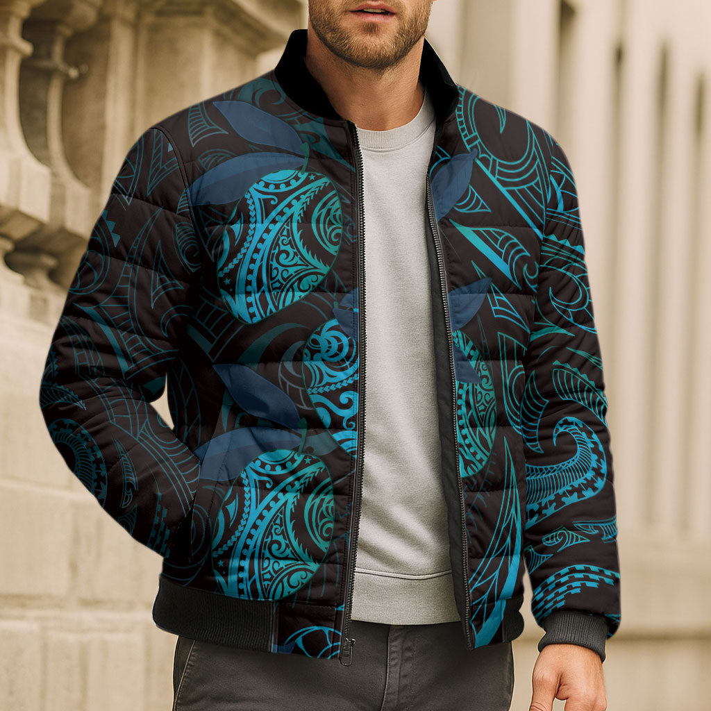 Hawaiian Mango Tribal Tattoo Bomber Puffer Jacket Teal Pacific Traditional Pattern
