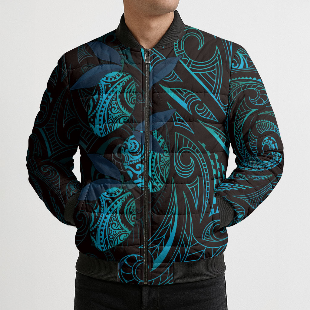 Hawaiian Mango Tribal Tattoo Bomber Puffer Jacket Teal Pacific Traditional Pattern