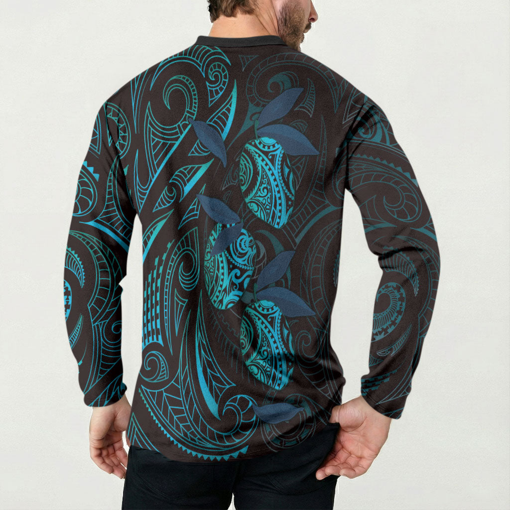 Hawaiian Mango Tribal Tattoo Button Sweatshirt Teal Pacific Traditional Pattern