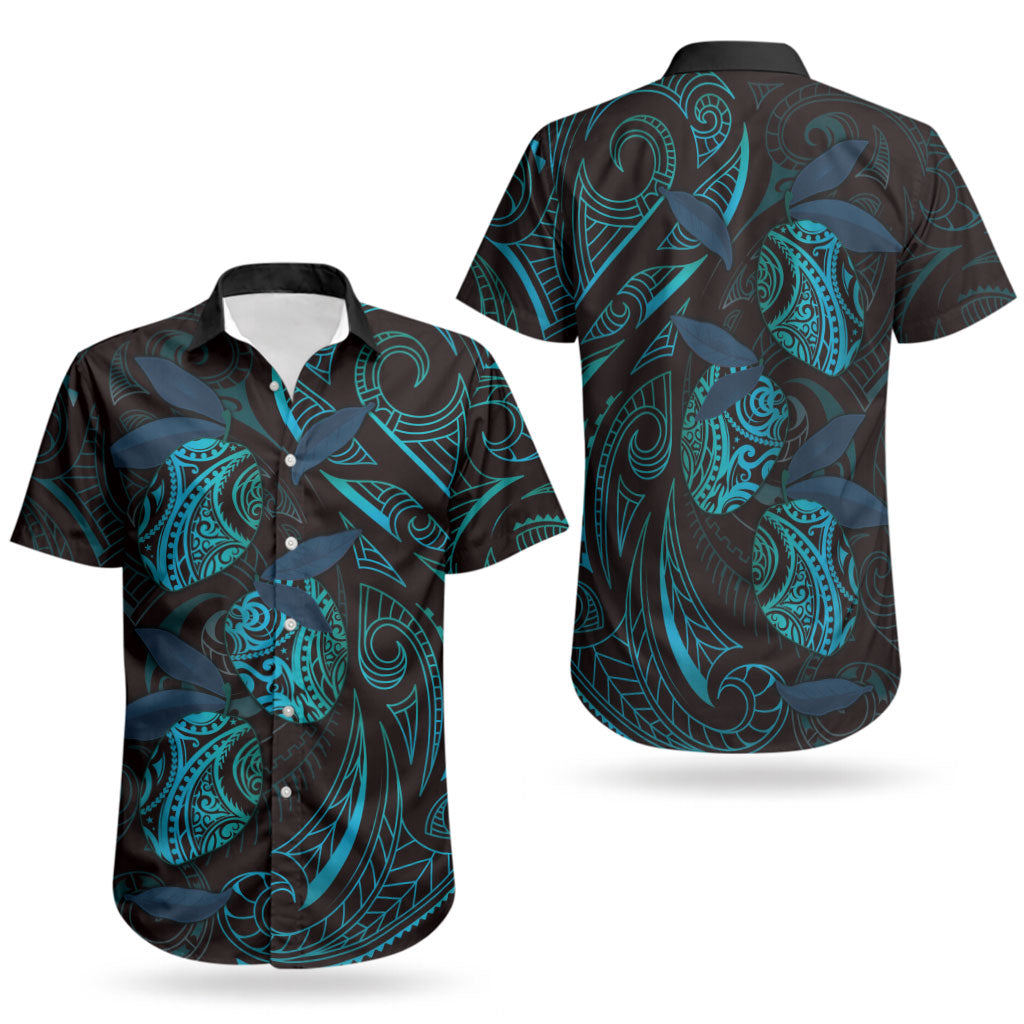 Hawaiian Mango Tribal Tattoo Couples Matching Long Sleeve Bodycon Dress and Hawaiian Shirt Teal Pacific Traditional Pattern