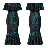Hawaiian Mango Tribal Tattoo Couples Matching Mermaid Dress and Hawaiian Shirt Teal Pacific Traditional Pattern