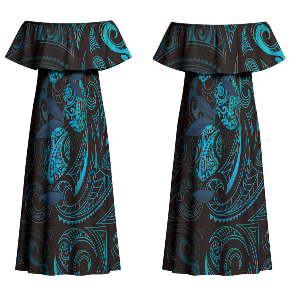 Hawaiian Mango Tribal Tattoo Couples Matching Off Shoulder Maxi Dress and Hawaiian Shirt Teal Pacific Traditional Pattern