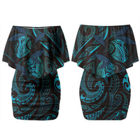 Hawaiian Mango Tribal Tattoo Couples Matching Off Shoulder Short Dress and Hawaiian Shirt Teal Pacific Traditional Pattern