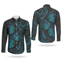 Hawaiian Mango Tribal Tattoo Couples Matching Off The Shoulder Long Sleeve Dress and Long Sleeve Button Shirt Teal Pacific Traditional Pattern